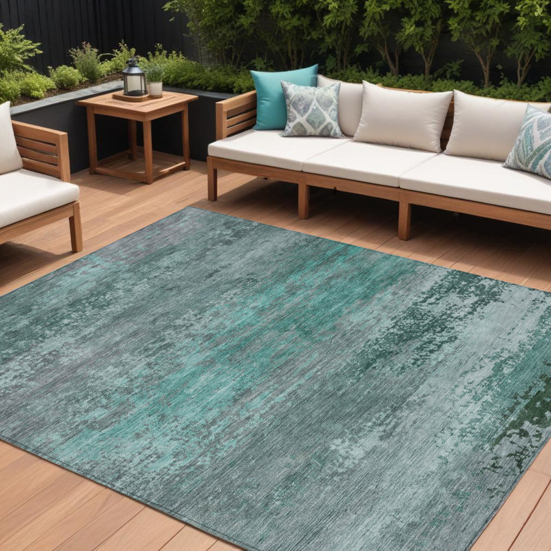 Tapis d'extérieur lavable abstrait bleu sarcelle 8 pi x 10 pi bleu sarcelle et turquoise, Rectangle 8 pi x 10 pi