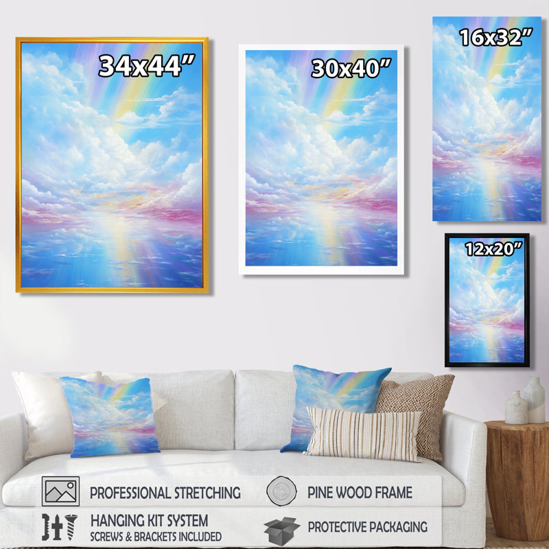 Rainbow In Pink Clouds Blue Sky - nuages, art mural, H 20 po x l 12 po x P 1 po, Toile avec cadre flottant noir