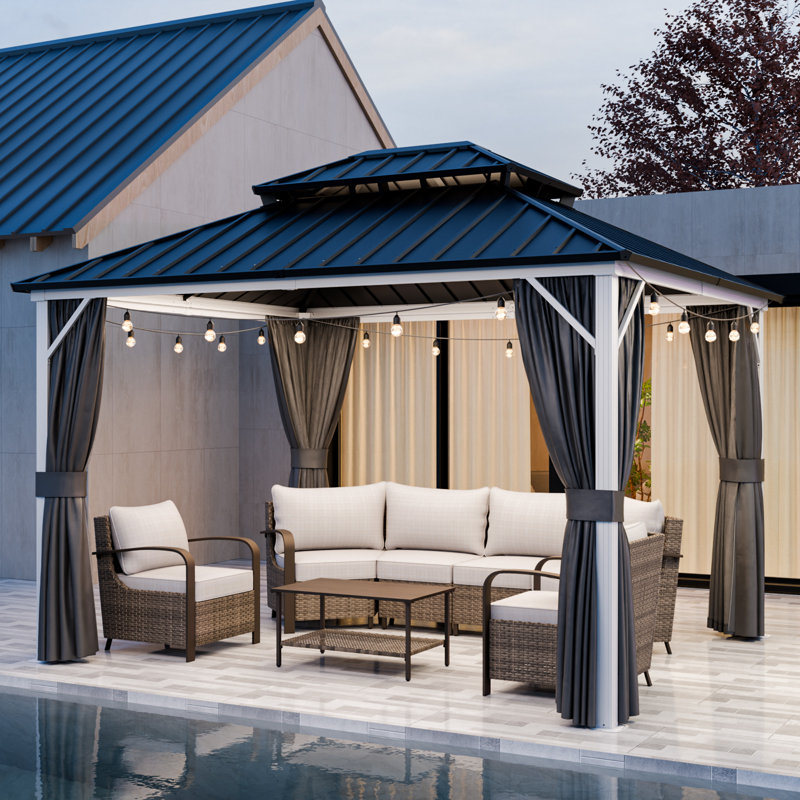 12 Ft. W x 10 Ft. D Outdoor Patio Gazebo, Hardtop Gazebo with Galvanized Steel Double Roof Aluminum Frame, 12 x 10 Ft