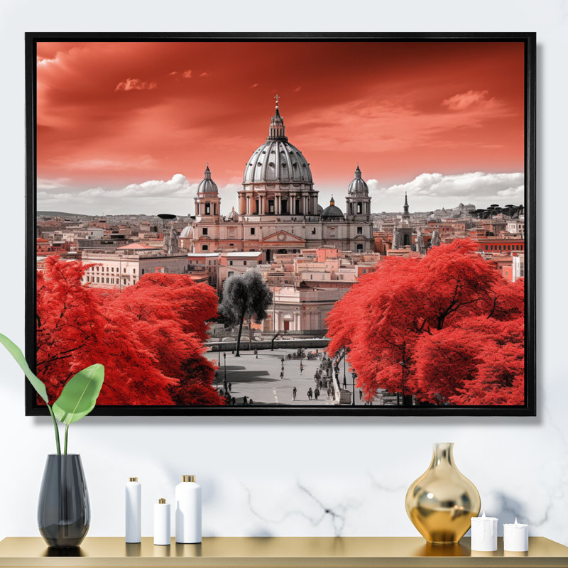 Paysage urbain monochrome rouge de Rome, Cadre flottant noir, H 16 po x l 32 po x P 1 po