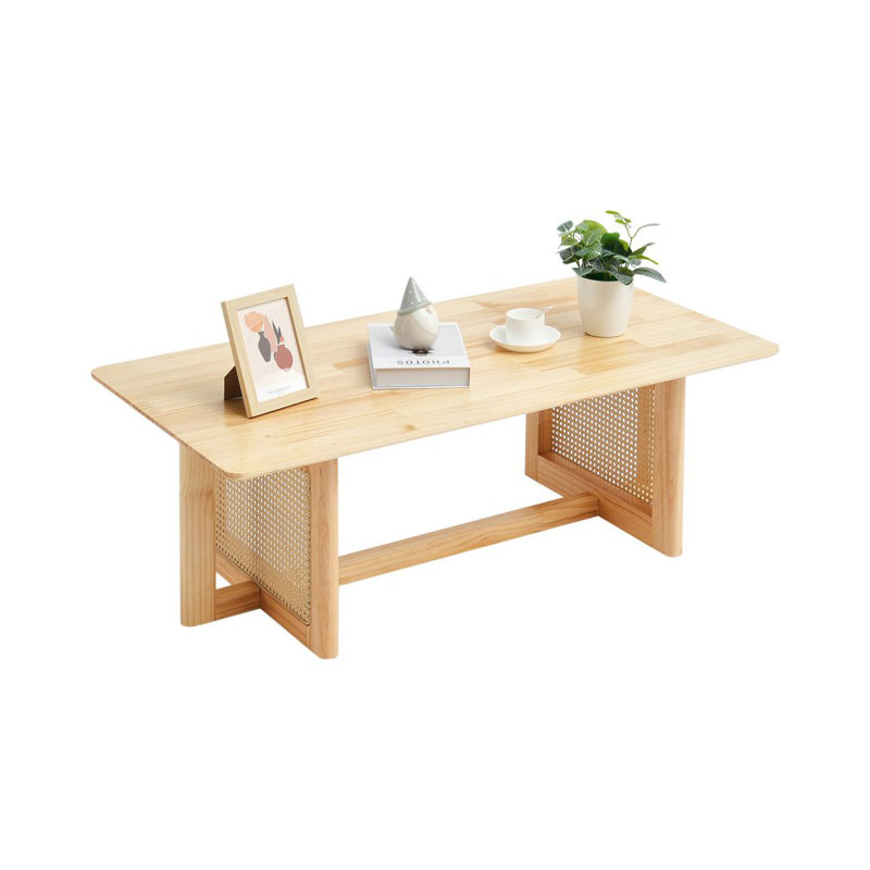 Rattan Coffee Table, Rectangle Rattan Woven Wood Mid Century Coffee Table with Rubber Wood Top, 47-Inch Modern Boho Storage Coffee Table with Natural Wood Legs, for Living Room, Bedroom & Small Spaces