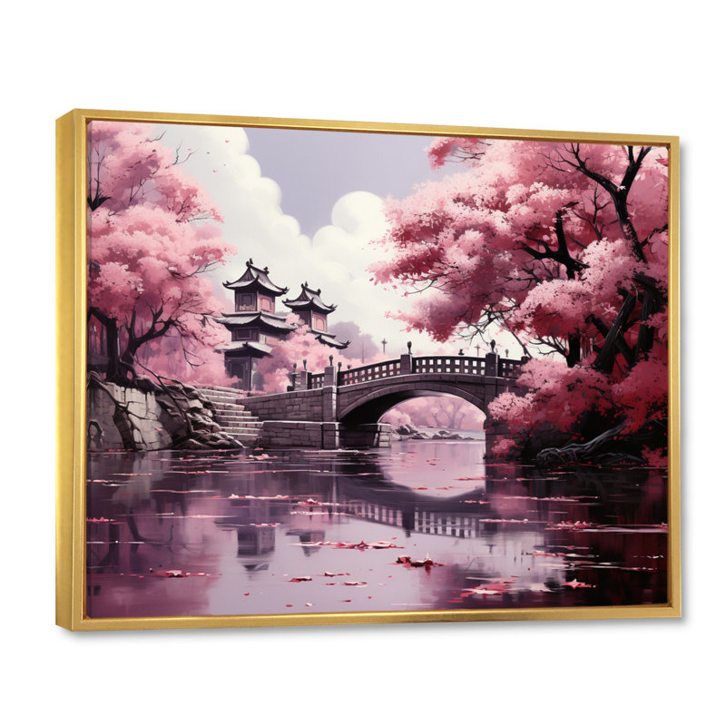 Art japonais, fleur de cerisier rose, pont, Japon, H 12 po x l 20 po x P 1 po, Cadre flottant doré
