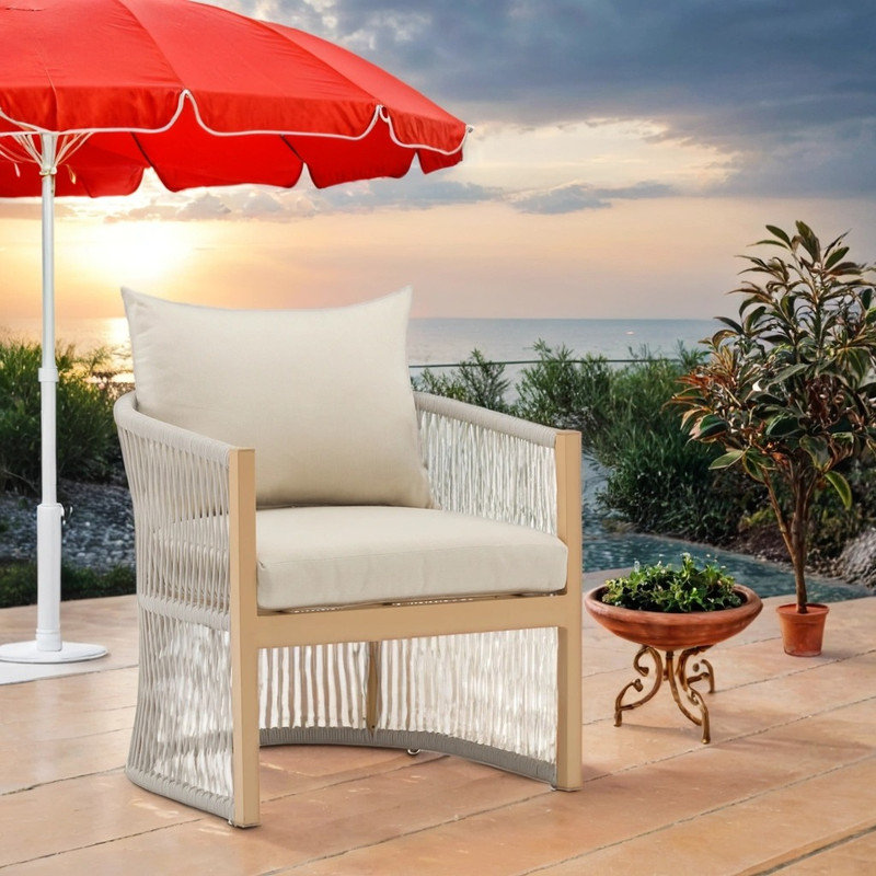 Méridienne d'extérieur en corde tissée avec coussins, structure en aluminium courbée, Beige, Beige
