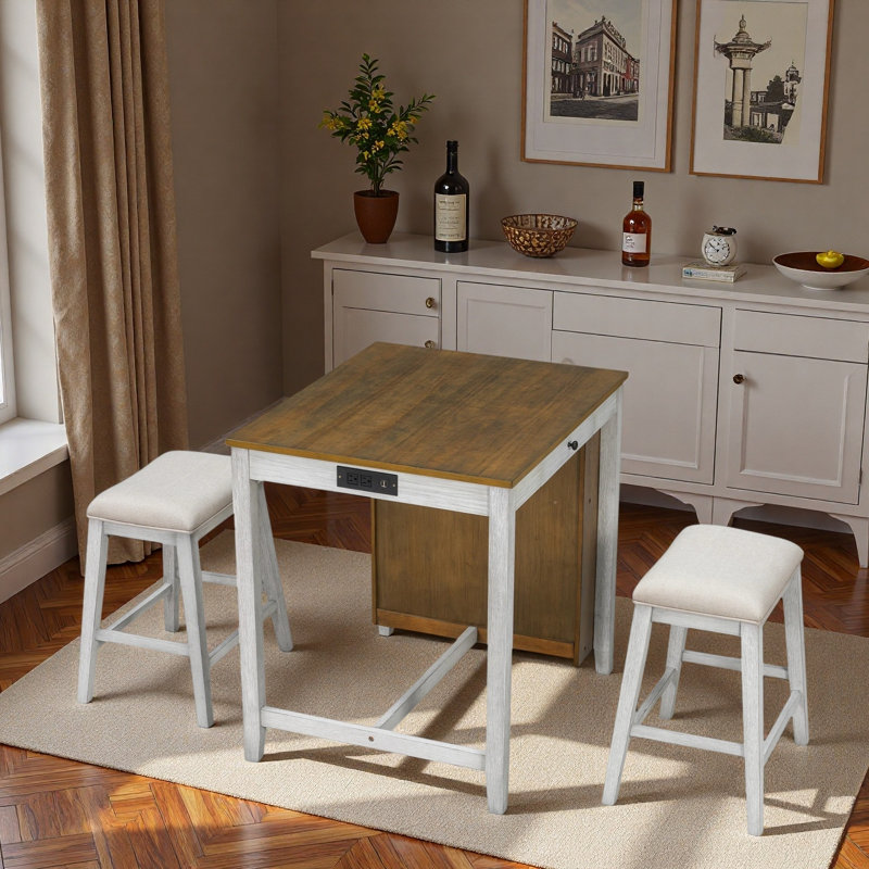 Ensemble de table de bar 3 pièces avec prise électrique, tiroirs, tablettes latérales et 2 tabourets rembourrés, White