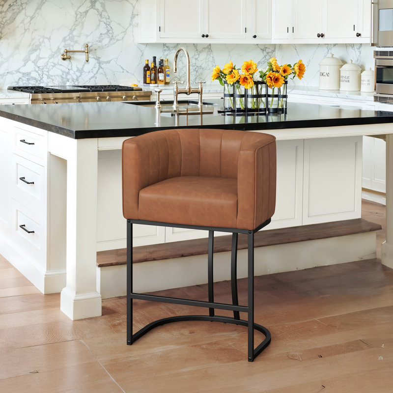 26.4" H Counter Height Bar Stools, Modern Barrel Counter Stools With Backrest And Arms,   Metal Legs, Upholstered Accent Barstools For Kitchen Island