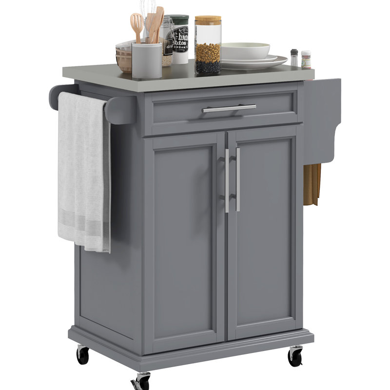 Kitchen Island Storage Trolley With Stainless Steel Counter, Drawer, Towel Rack, Spice Shelf In Gray Rolling Trolley, Countertop, Rack -