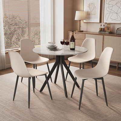 Aspen Gloss White Sintered Stone Round Table with 4 Plastic Curve Chairs - Modern Dining Set