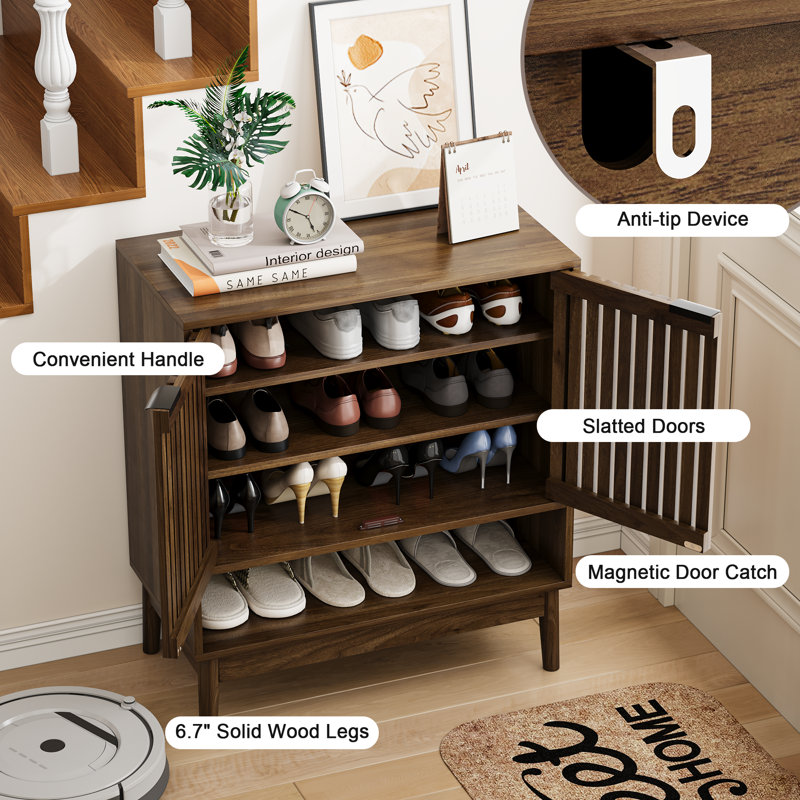16-24 Pairs Shoe Storage Cabinet with Doors,Freestanding Shoe Organizer with Adjustable Shelves,Walnut, Brown Wood
