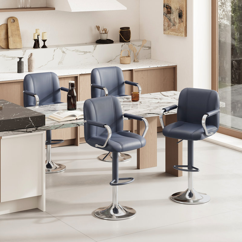 Tavion Adjustable Swivel Faux Leather Bar Stool with Armrests and Footrest, Blue