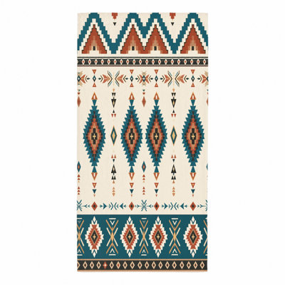 1Pcs Southwestern Tribal Beach Towel, featuring geometric diamond patterns and ethnic-inspired borders in teal, rust, black on a cream background. Large microfiber, ideal for, swimming, travel, camping, unisex.