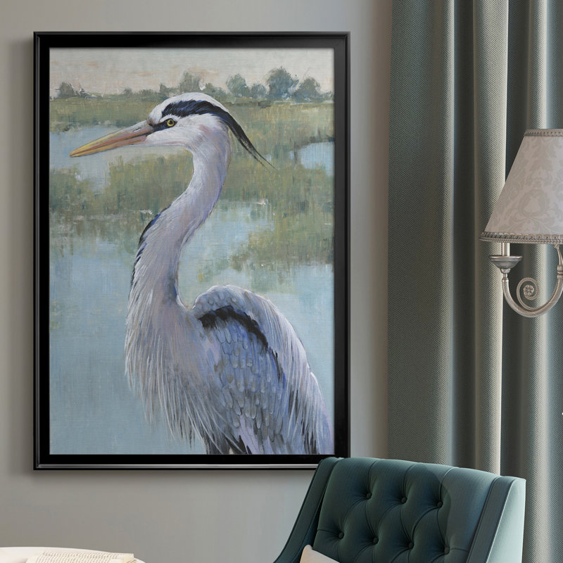 «Blue Heron Portrait I», toile encadrée de qualité supérieure - prête à être accrochée, H 24,5 po x l 18,5 po, Noir