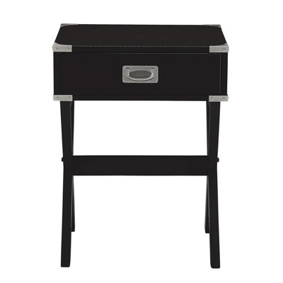 Table d'appoint carrée noire avec coins en métal, Kd, plateau en bois, base en «X», support de barre transversale, 19 lb, tiroir pour la table de salon principale, 24 po de hauteur,