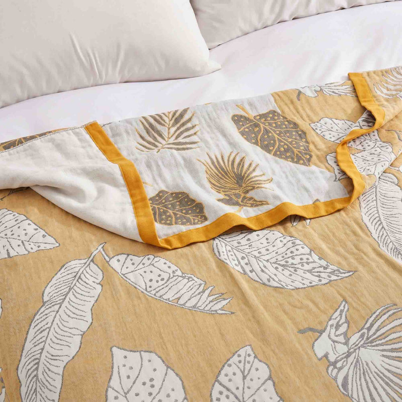 Jeté 100% coton Boho, Tropical Leave Yellow