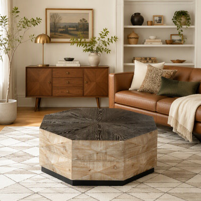 Octagon Coffee Table, Retro Style Wood Center Table with Three-Dimensional Embossed Pattern, Rustic Cocktail Table for Living Room