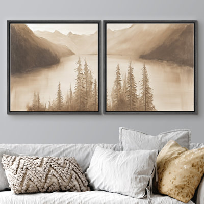 Sepia Mountain Lake Pine Forest Landscape Framed Master Bedroom Wall Art Work 2 Pieces Print