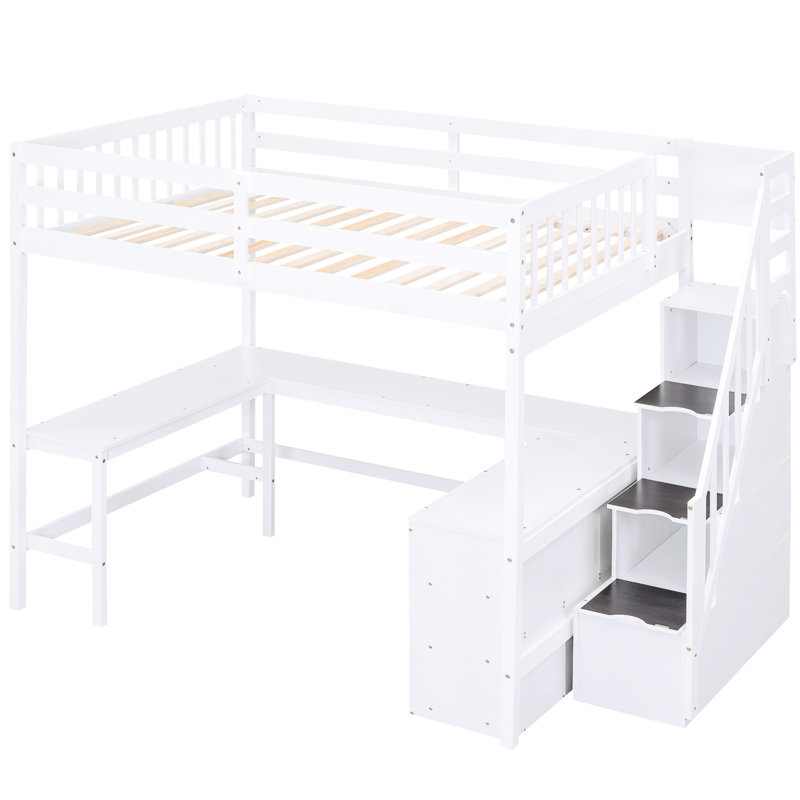 Lit mezzanine double blanc avec bureau en L, rangement et escalier - Solution pratique intégrée pour meubles de chambre à coucher