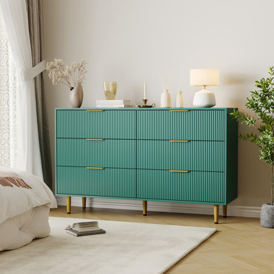 Commode cannelée 6 tiroirs avec poignées et pieds en métal doré - commode en bois verte pour la chambre à coucher, le salon, le couloir - grand rangement, facile à assembler