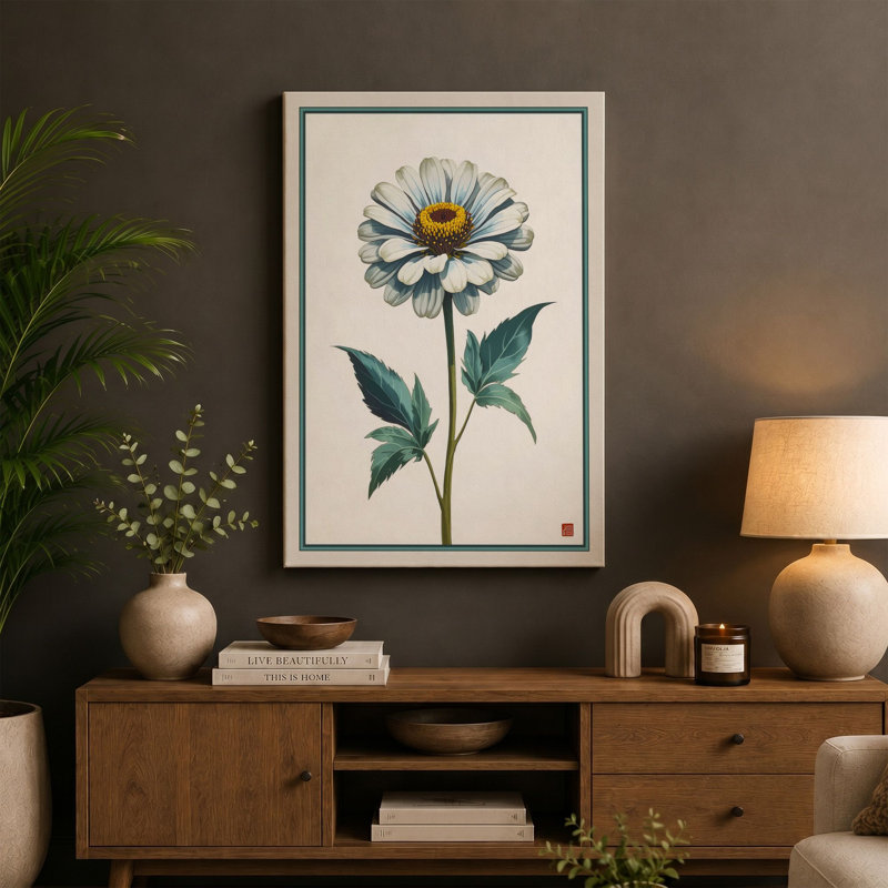 White Daisy Study Botanical - Wrapped Canvas, 24x16 - 61.0 x 40.6 cm, Taupe Border