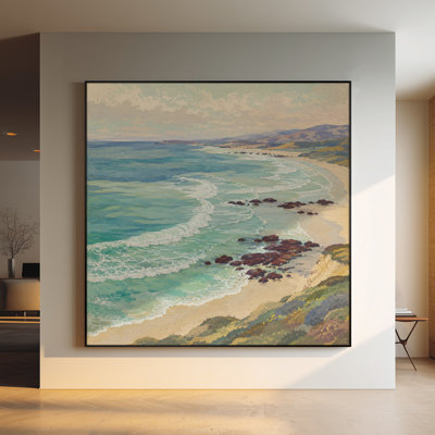 Très grande reproduction d'art sur tissu - Bord de mer côtier avec vagues turquoise et plage de sable pour le salon ou la chambre à coucher - «Assemblage requis du cadre (cadre non fini)»
