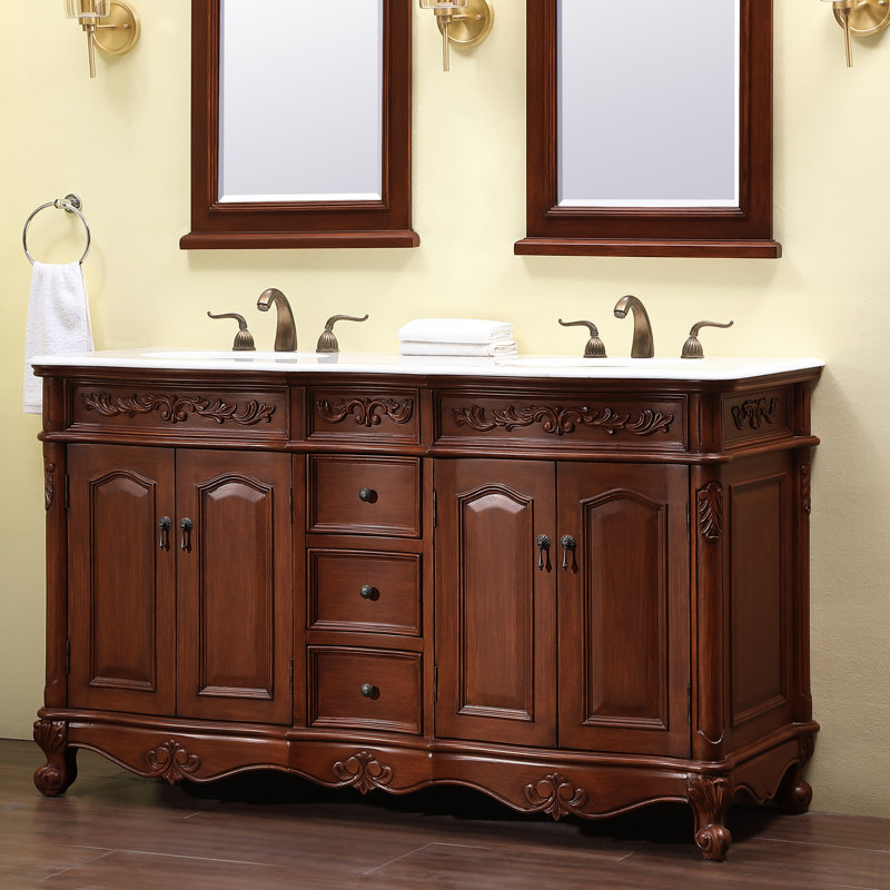 Stepan 60'' Double Bathroom Vanity with Marble Top, Antique Teak