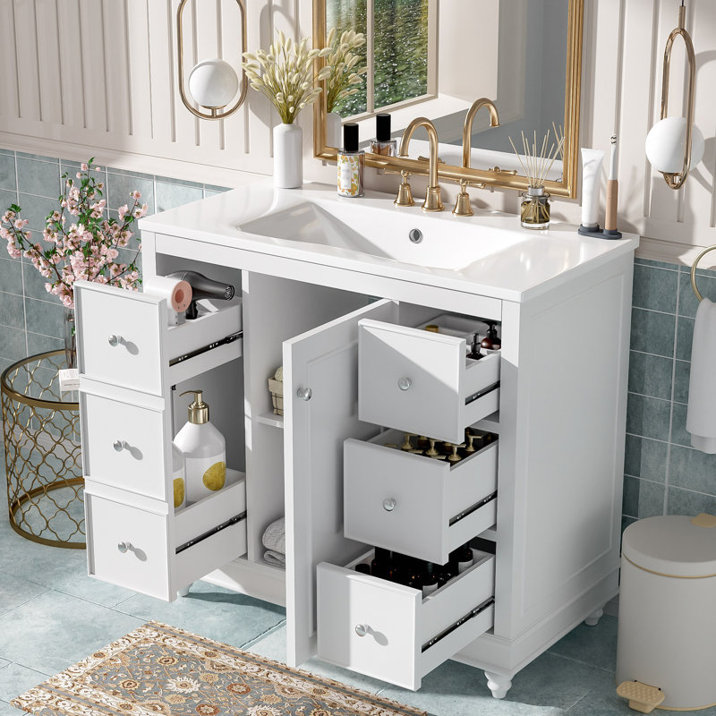 Ensemble de meuble-lavabo moderne avec lavabo en céramique 36 po x 18,3 po x 34,1 po, 4 tiroirs et 1 porte, rangement polyvalent, tablette réglable, cadre en bois massif et panneau de fibres à densité moyenne (ancien SKU: SV000016AAK-1)
