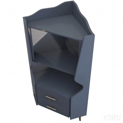 Bar d'angle, 2 tablettes ouvertes / 2 tiroirs, dossier en miroir - bleu