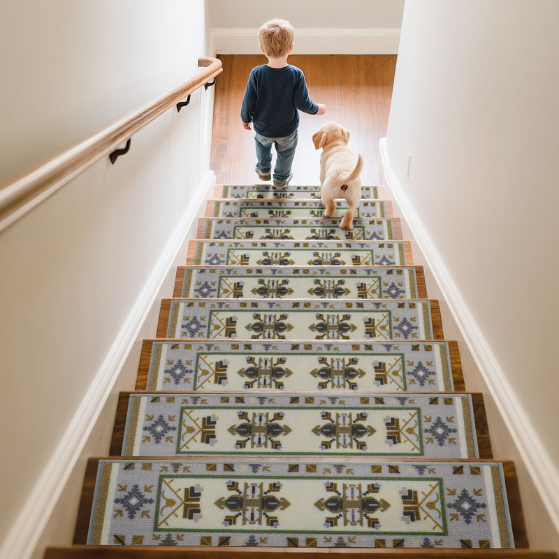 Tapis d'escalier antidérapant Nalesha, Fleurs grises abstraites, Rectangle 30 po x 8 po, 4