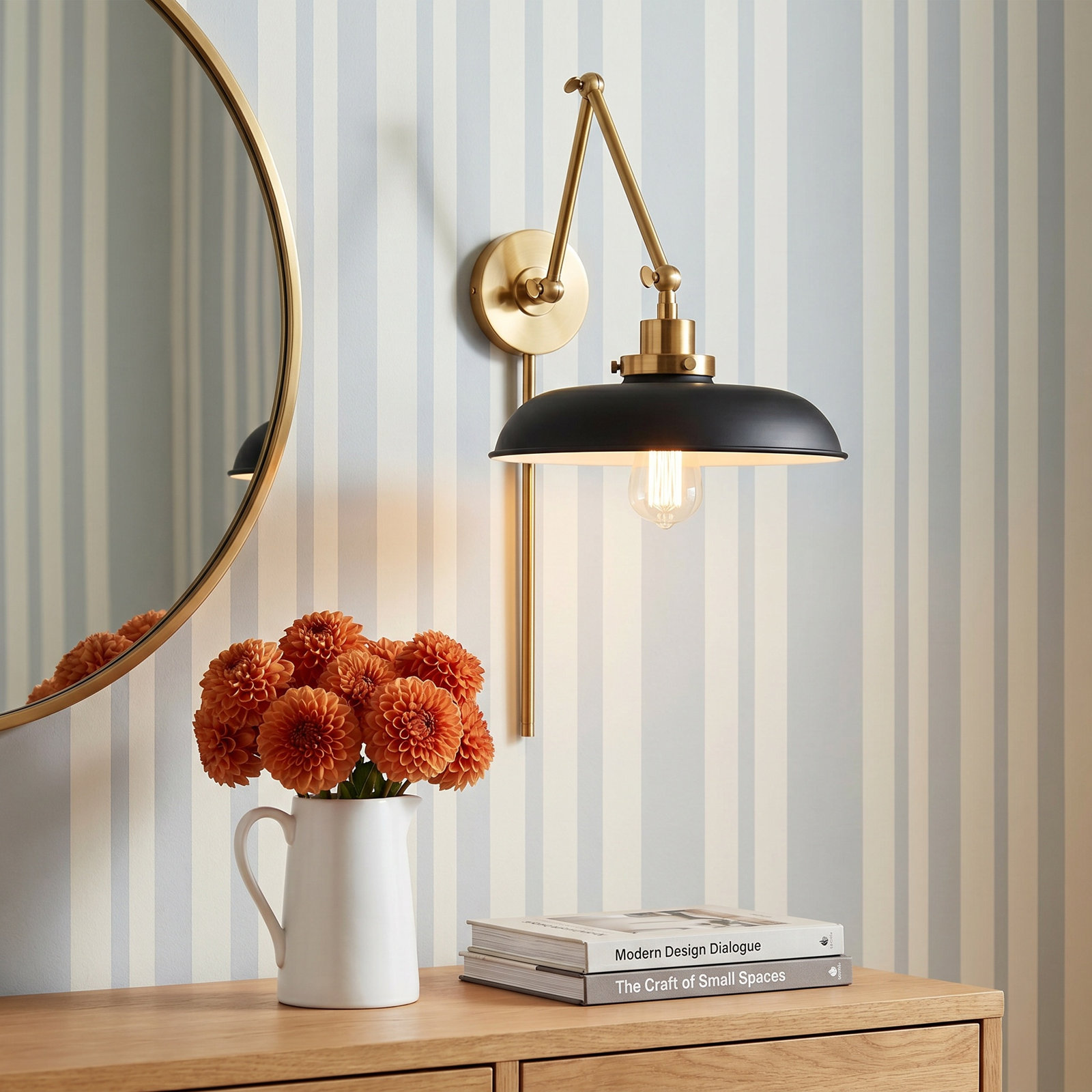 Single Light Armed Sconce, Burnished Brass, Midnight Black