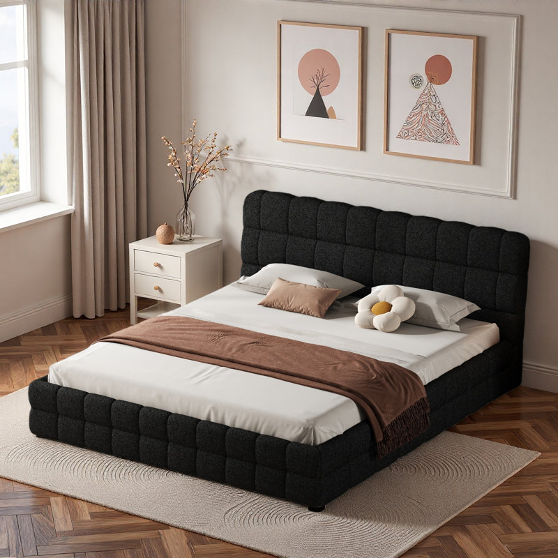 Élégant lit plateforme tapissier avec coutures et soutien solide, Noir, noir, noir, noir