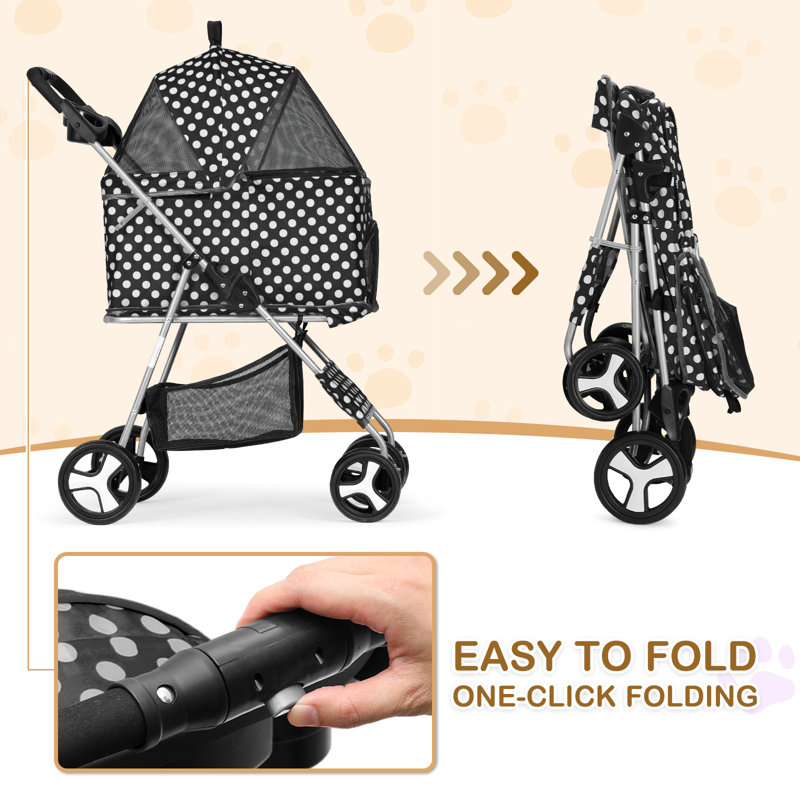 Black and White Polka Dot Foldable Pet Stroller with Steel Frame