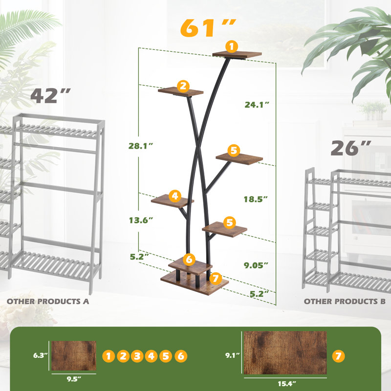 60" Black and Oak 7-Tier Indoor Plant Stand with Grow Lights