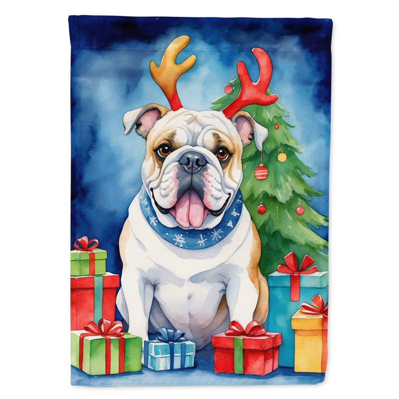 Drapeau de Noël maison de renne, Bouledogue anglais blanc