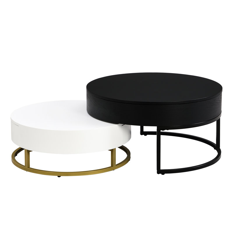 Tables basses gigognes modernes à plateau relevable avec 2 tiroirs, blanc et noir, parfaites pour le rangement et le style