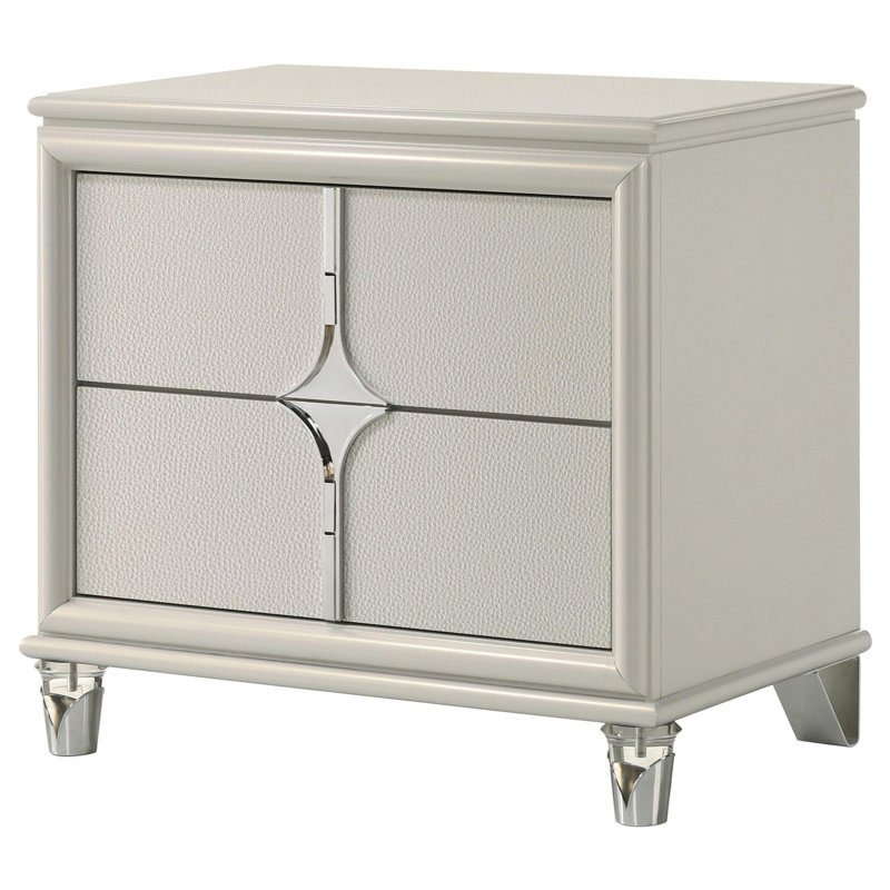 Ory Nightstand W 2 Drawers, Chrome Star Handle, Pearl Ivory Wood