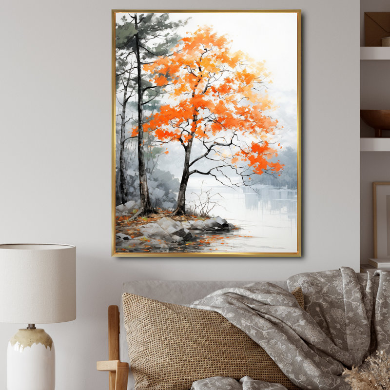 Orange et gris, forêt, automne, élégance I - art mural forêt, H 40 po x l 30 po x P 1,5 po, Cadre flottant doré