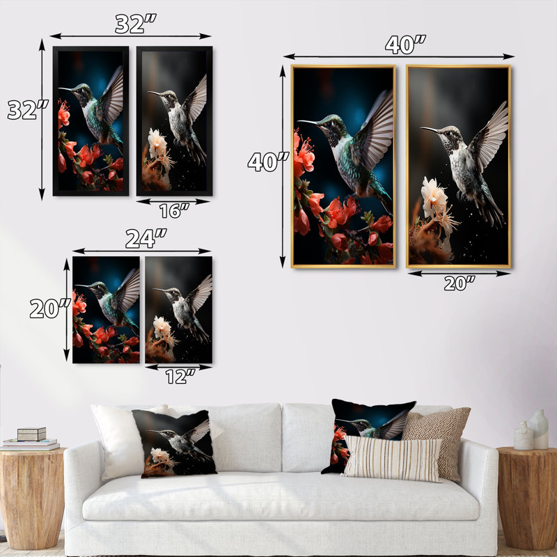 «Teal Coral Hummingbird Portrait Vibrant» «Teal Coral Hummingbird Portrait Vibrant» 2 - pièces sur, Cadre noir