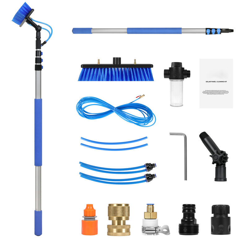 Ensemble de poteau alimenté à l'eau, poteau de nettoyage de panneau solaire de 12 pi avec poignée extensible, tête de brosse rotative à 180 ° et tuyau de 65,6 pi, outil de nettoyage de vitres pour l'extérieur et le ménage pour la terrasse du panneau solaire de caravane