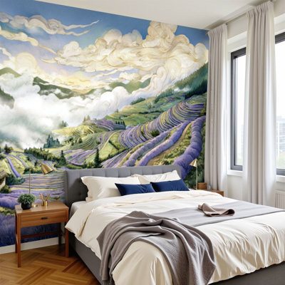 Peel and Stick Wallpaper Artistic Watercolor Lavender Hills Cypress Trees lavender fields Wall Murals 100"H x 144"W Removable PVC Wall Paper Self-Adhesive Wall Decor for Bedroom Living Room Home Office