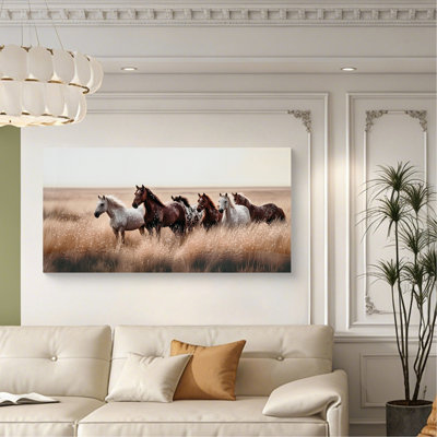 Décoration murale Cozy Country Rustic Horses: Western Farm, photo sur toile de chevaux sauvages, marchant sur une prairie vide, ferme, poneys, portrait, œuvre d'art pour le salon, chambre à coucher 40 po x 20 po