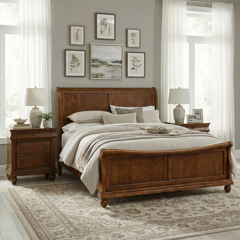 Ensemble de chambre avec grand lit-bateau et deux tables de chevet Lenny, Grand, Marron