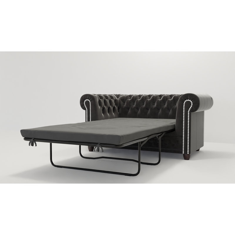 Chesterfield Hanna 2 Seater Sofa with Sleeping Function Made of Velvet Fabric with Solid Wood Legs, Black