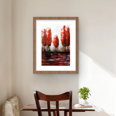 Red Trees by the Lake - Framed Matted Print for Home Decor