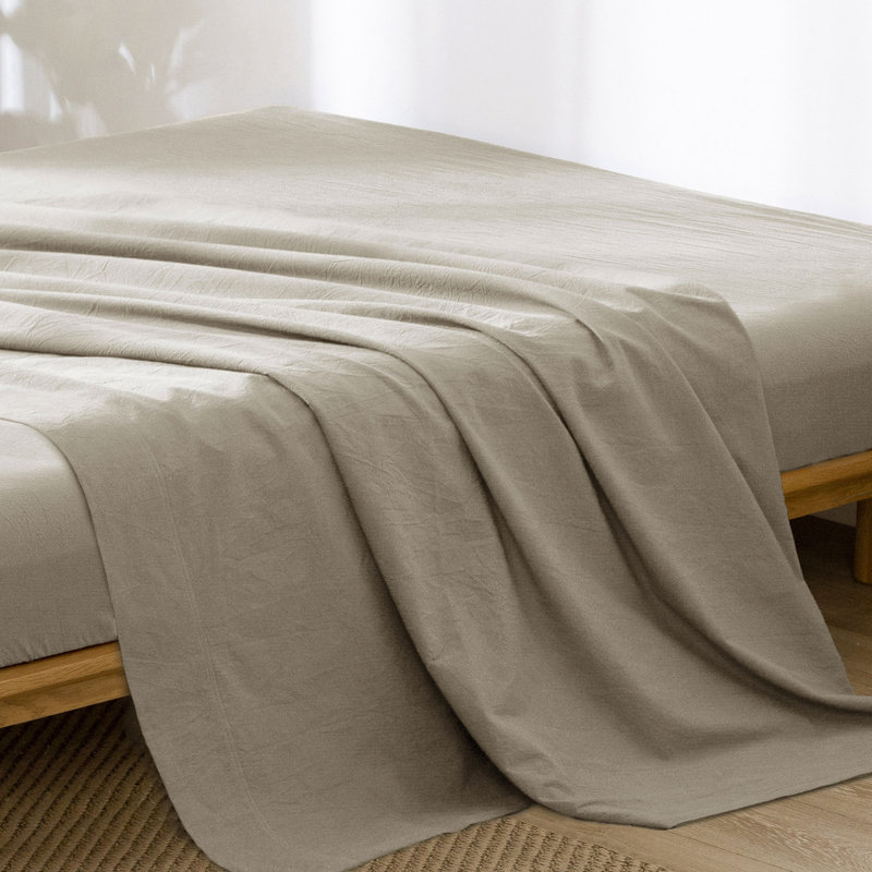Linen Like Textured Flat Sheet 100% Washed Cotton Breathable Durable Soft Comfy, Tannish Grey, Queen Flat Sheet