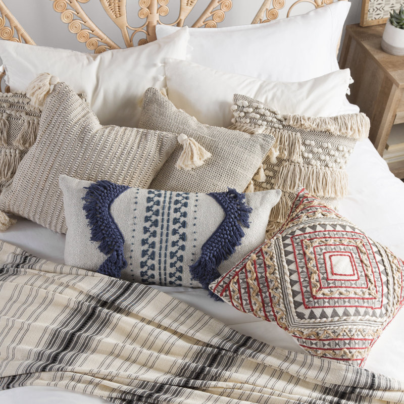 Ivory Moroccan Wedding Blanket Fringe Cotton Pillow, 18" Square