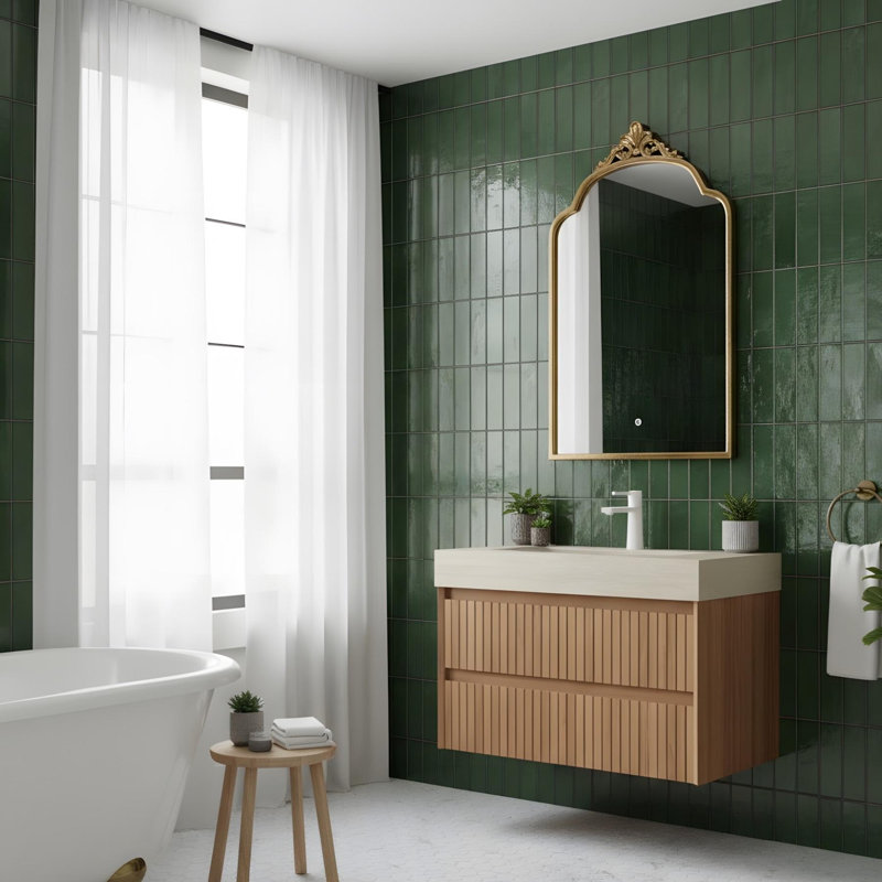 Meuble-lavabo mural 30 po avec 2 tiroirs et lavabo en céramique beige, 30", Beige