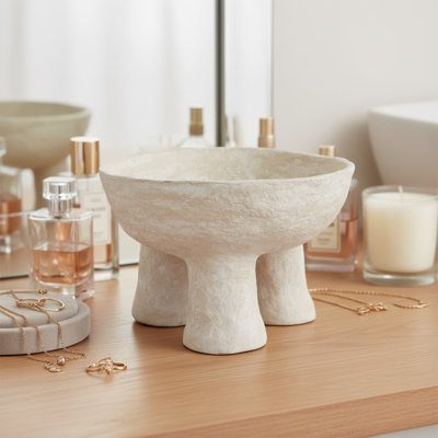 Decorative Paper Mache Textured Bowl With Tripod Pedestal Base - Modern Sculptural Accent Bowl For Tabletop - Unique Coffee Table Styling For Home Decor - 16", White 