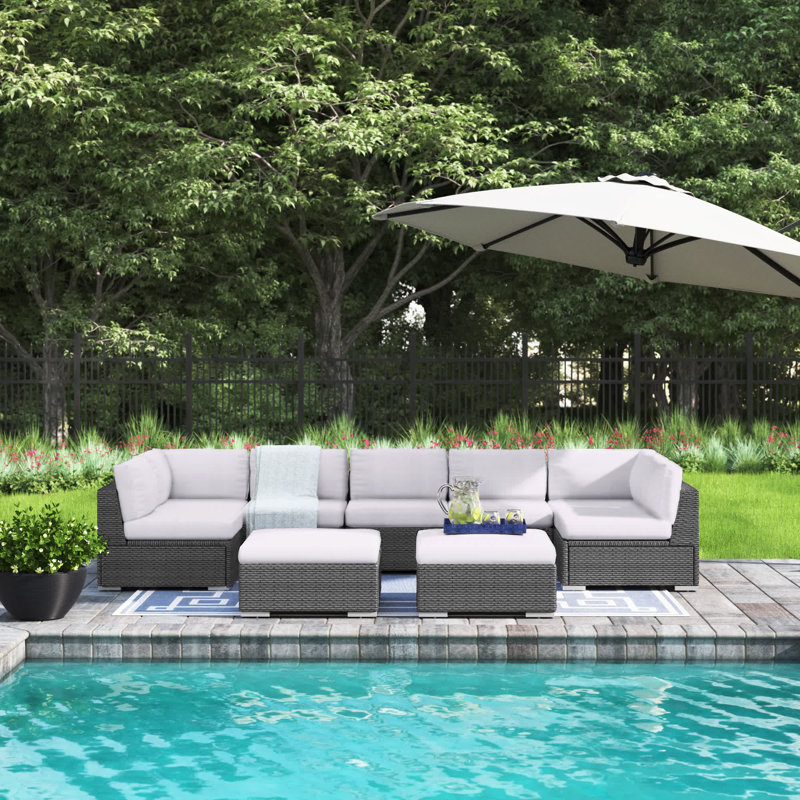 7 - Person Patio Conversation Set with Cushions, Gray Frame / Silver Cushion