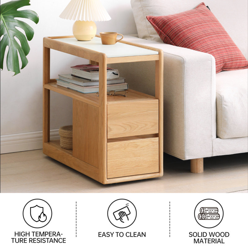 26.7"W Solid Oak Assembled Mobile End Table with Sintered Stone Tabletop,Storage Shelve,Drawer,Wheels, Oak