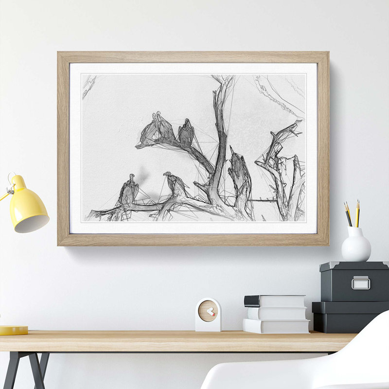Vultures on a Tree in Abstract - Picture Frame Graphic Art Print, 60cm H x 91cm W x 2cm D, Oak