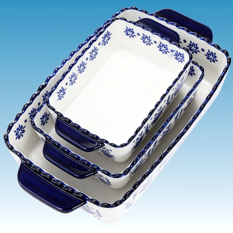 Plats de cuisson rectangulaires en porcelaine, paquet de 3 (blanc et bleu)
